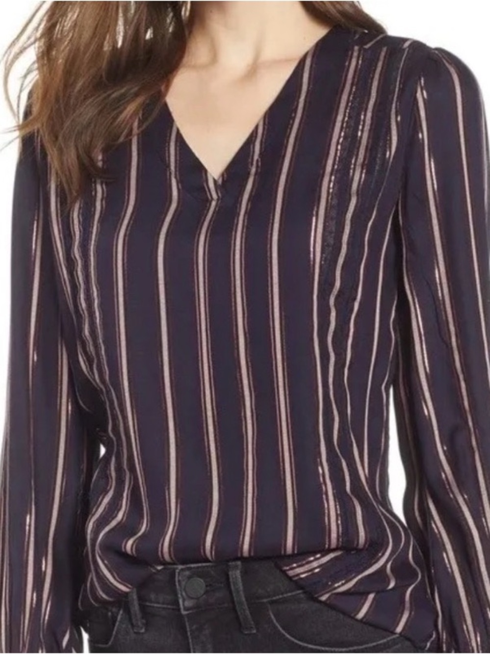 Hinge by Nordstrom Navy V-Neck Long-Sleeve Striped Blouse